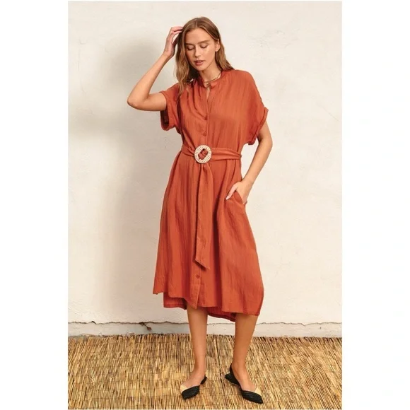 193 • Soft Rayon Blend Terracotta Belted Dolman Sleeve Dress - Picture 4 of 6